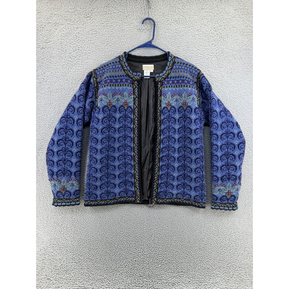 VTG Coldwater Creek Nordic Fair Isle Knit Jacket Blue Purple Paisley Women Small